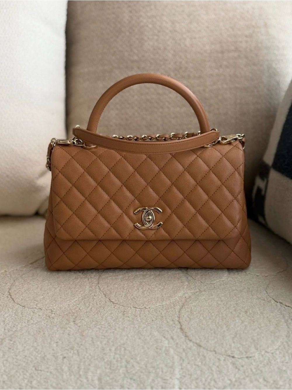 CHANEL Brown Quilted Coco Handle Top Handle Bag Chain Strap Dust Bag Auth Card - Picture 7 of 16